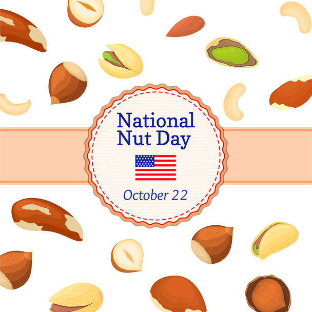 Vektorikuvaus kansallinen pähkinäpäiväkortti. Pyöreä värillinen runko koostuu eri pähkinät brasilia, cashew, maapähkinä, pekaanipähkinä, mänty, pistaasi. Ympyrä, jossa on paikka tekstipakkausten suunnittelulle
 - Vektori, kuva