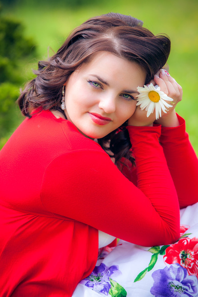 Happy smiling woman with flower - Zdjęcie, obraz