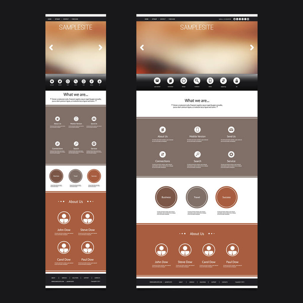 Responsieve One Page Website sjabloon met onscherpe achtergrond - zonsondergang patroon Header Design - Desktop- en mobiele versie - Vector, afbeelding