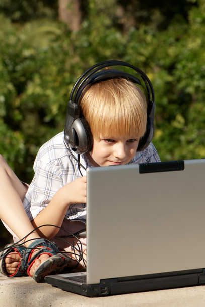 The little boy with laptop in park - 写真・画像