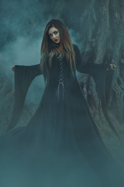 A young woman in black robe with long hair looking directly at camera standing in a dark fog, a fabulous illustration. - Φωτογραφία, εικόνα