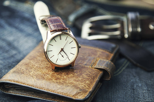 watch,wallet and jeans  - Foto, afbeelding