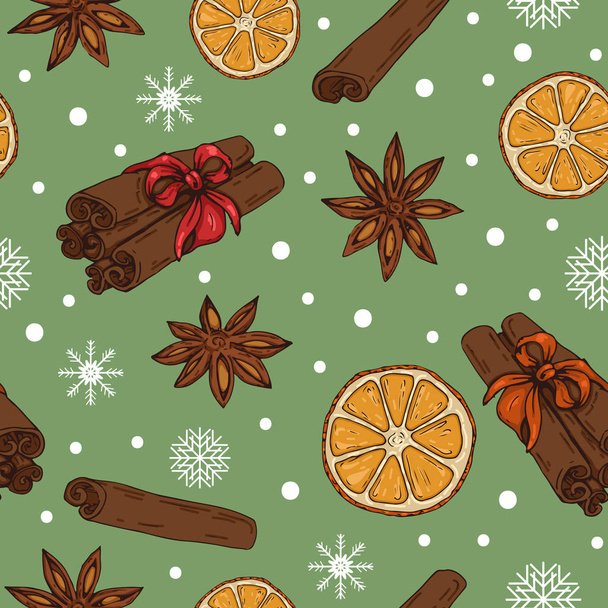 Christmas / New Year pattern with spices and oranges - Vektori, kuva