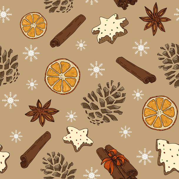 Christmas / New Year pattern with spices and oranges - Vektor, Bild