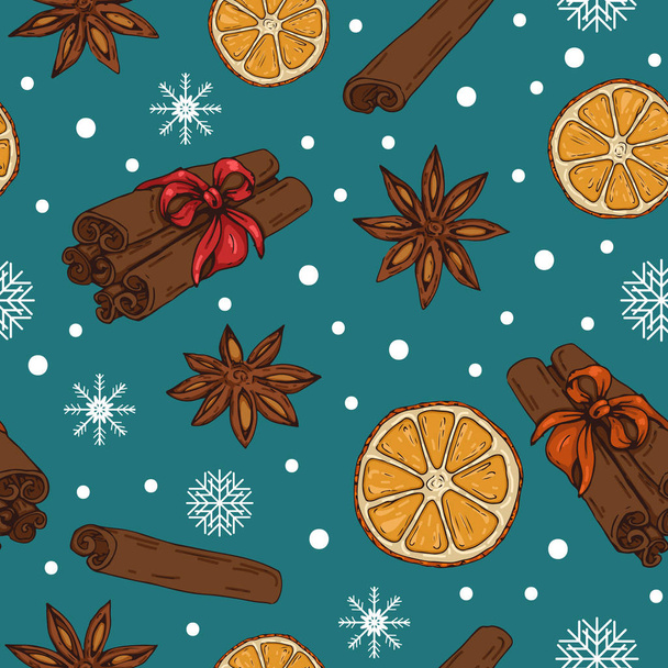 Christmas / New Year pattern with spices and oranges - Вектор, зображення