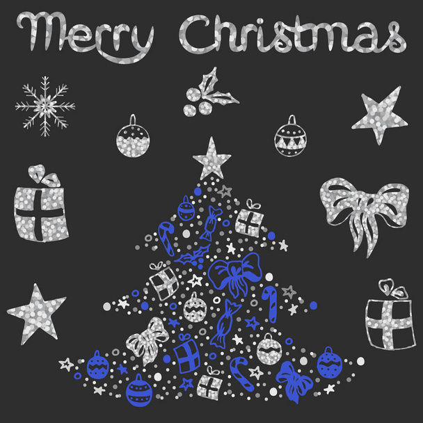 Christmas / New Year set with glitter decorations - Vector, Image
