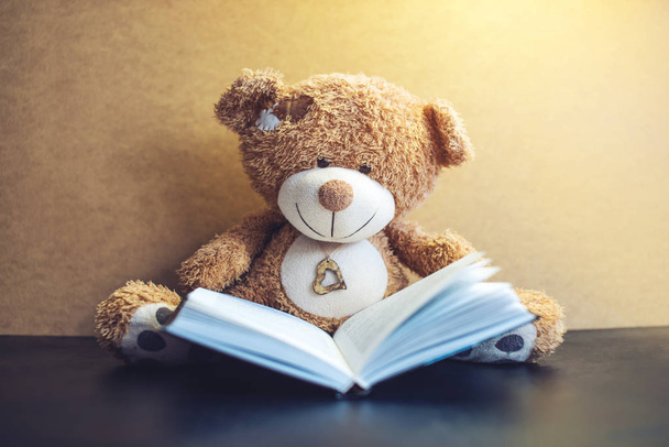 おもちゃのクマは、面白い本を読んでします。赤ちゃんの学習の概念 - 写真・画像