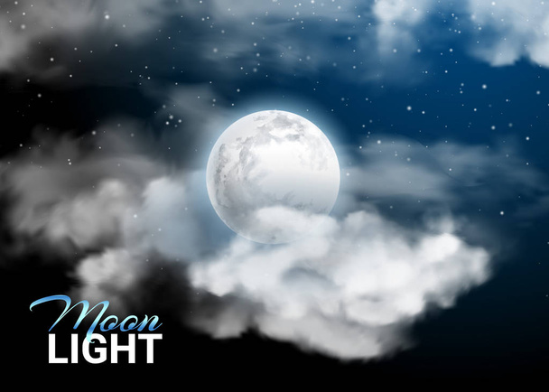 Moonlight night Full Moon. Mystical sky Realistic clouds. and stars. Shining on dark blue. Vector illustration background - Vektor, obrázek