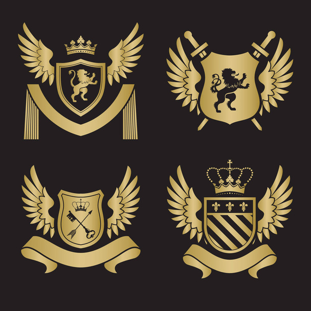 Brasão de armas escudo com espadas, leão, duas asas nas laterais
. - Vetor, Imagem