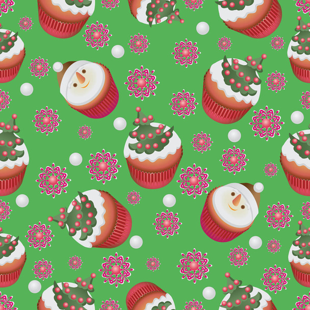 Pattern. Cupcakes Christmas tree and Snowman. - Vector, Image