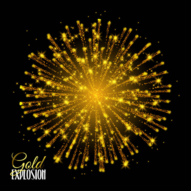 Sparkling texture Stardust sparks in explosion on black background. Festive Gold glitter particles effect. Shiny shape. Shining Motion Luxury Design. Holiday, Card Vector Illustration - Vector, Image