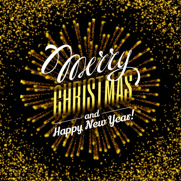 Effect gold luster luxury design rich background. Text Merry Christmas lettering. Stardust spark the explosion on a black. golden texture. Vector Illustration. - Вектор,изображение