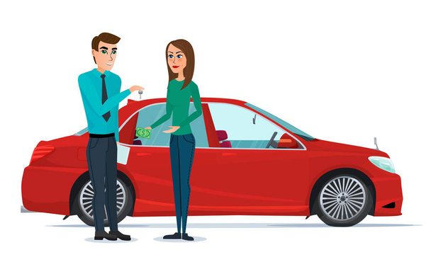 Předváděcí. Manažer prodává a žena kupuje nové auto. Vektorové ilustrace izolované na bílém pozadí v plochý. - Vektor, obrázek