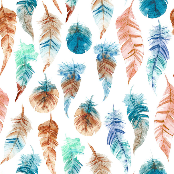 Seamless pattern of hand drawn watercolor feather - Φωτογραφία, εικόνα