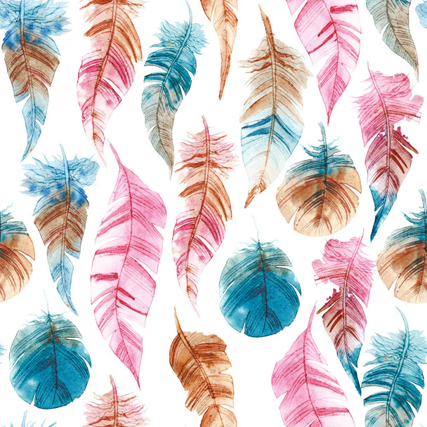 Seamless pattern of hand drawn watercolor feather - Фото, изображение