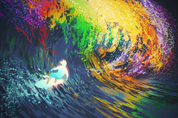 экстремальный серфер ездит на красочной океанской волне
 - Фото, изображение