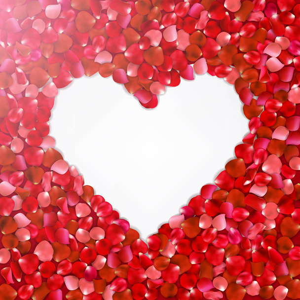 Herzform roter Blütenblätter auf weißem Hintergrund, Vektorillustration. Valentinstag mit wunderschönen Rosenblättern. Liebes-Hintergrund - Vektor, Bild