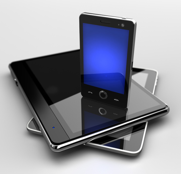 Светящийся мобильный телефон, стоящий на цифровых площадках
 - Фото, изображение