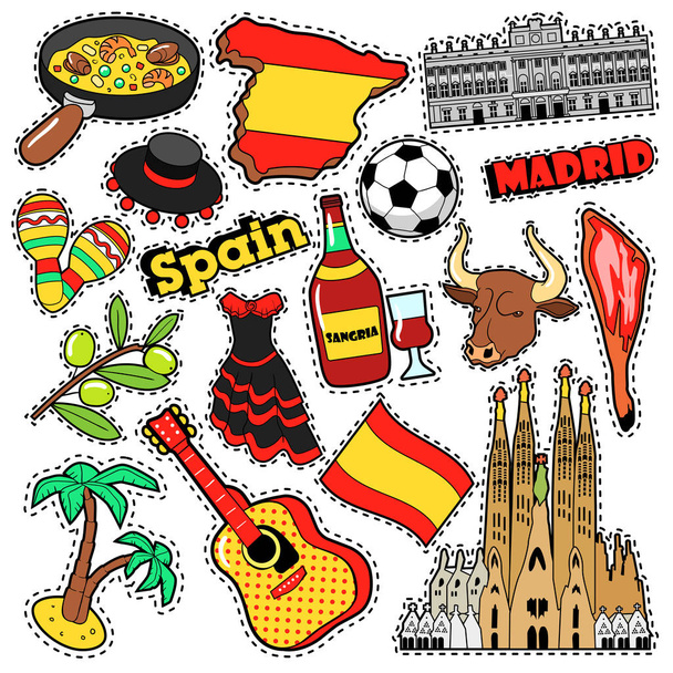 Spain Travel Scrapbook Pegatinas, parches, insignias para grabados con Jamon, sangría y elementos españoles. Estilo cómico Vector Doodle
 - Vector, imagen