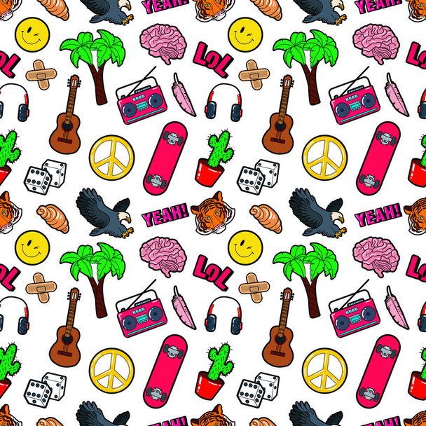 Fashion Seamless Comic Style Background with Brain, Lol, Cactus, Guitar and Palm. Vector Retro Pattern - Vector, Image