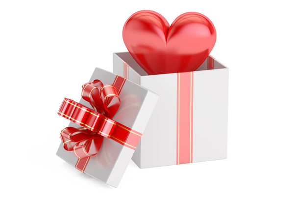 Valentine's Day concept. Gift box with red heart, 3D rendering - Photo, Image