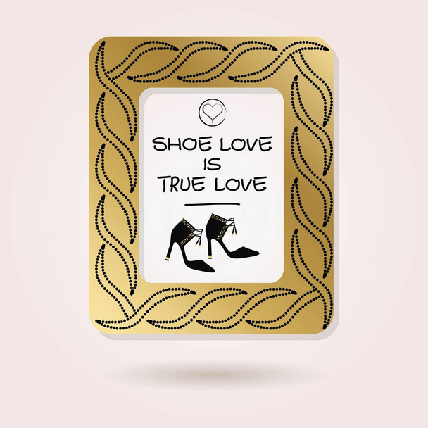 abstrakte Schuh Liebe ist wahre Liebe goldener besetzter Fotorahmen mit schwarzen femininen High Heels mit fallendem Schatten auf rosa Hintergrund - Vektor, Bild