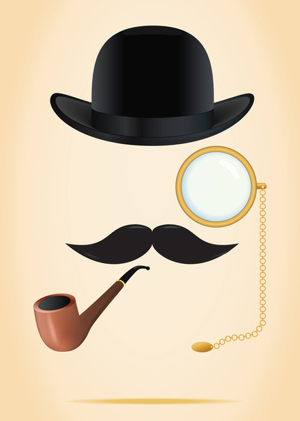 Set de elementos retro: bombín, bigote, pipa de tabaco y monóculo
 - Vector, imagen
