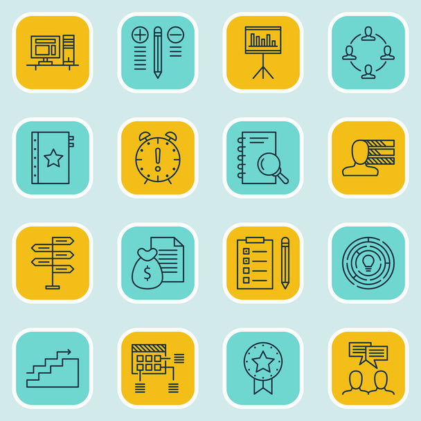 Set Of 16 Project Management Icons. Can Be Used For Web, Mobile, UI And Infographic Design. Includes Elements Such As Notebook, Teamwork, Deadline And More. - Vetor, Imagem