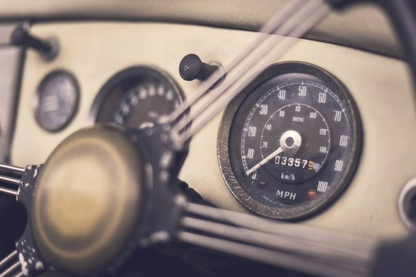 Close up on steering wheel, Classic car interior - Zdjęcie, obraz