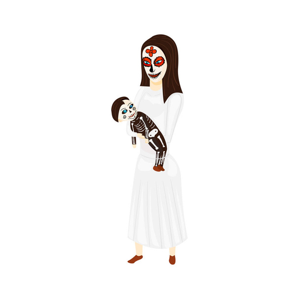Madre sostiene a un niño en la fiesta mexicana Día de los Muertos o Halloween
 - Vector, Imagen