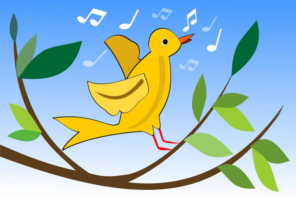gelber Vogelgesang auf Zweig mit grünen Blättern, niedliches Frühlingsthema, Vektorillustration für Oster- oder Frühlingsdesign - Vektor, Bild