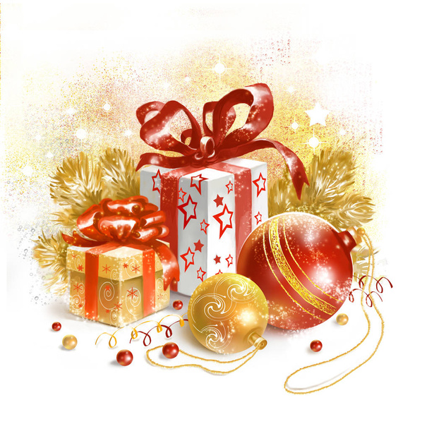 Natal ainda vida com presentes, bolas de árvore de Natal e ramos de abeto dourado em cores vermelhas e douradas
.  - Foto, Imagem