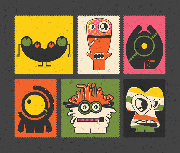 Set of six retro postage`s stamp with funny monsters on different color background.  - Vektor, obrázek