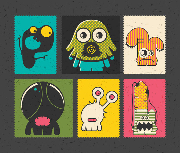 Set of six retro postage`s stamp with funny monsters on different color background.  - Вектор, зображення