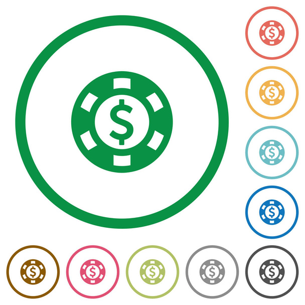 Dollar casino chip flat icons with outlines - Vector, Image