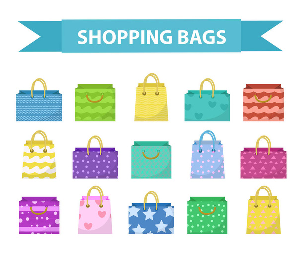 Cute shopping bag set. Colorful  bags with different pattern collection. Flat style. Paper  isolated on a white background. Gift package. Vector Illustration - Vector, Image