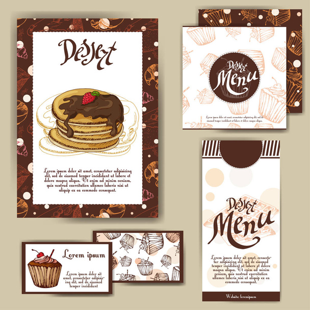 Template with hand drawn sketch bakery. Can be used as corporate identity style for cafe or restaurant. Vector illustration. Dessert cards with sweet bakery. - Vetor, Imagem