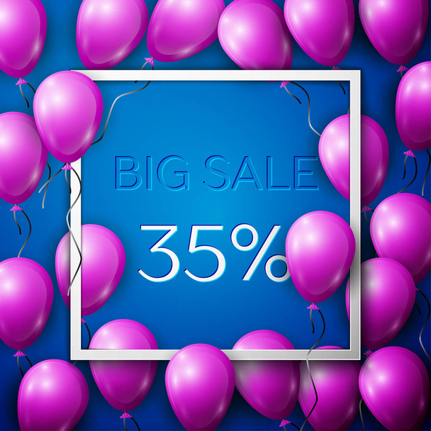 ブラックでリアルな紫風船リボン センター テキスト大セールで白い正方形のフレームで 35% 割引青い背景の上。ショッピング、モバイル、オンライン ショップの販売コンセプト。ベクトル - ベクター画像