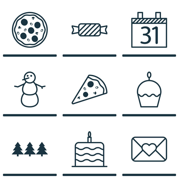 Set de 9 iconos de Año Nuevo. Puede ser utilizado para el Web, móvil, interfaz de usuario y diseño infográfico. Incluye elementos tales como pizza, magdalena, comida y más
. - Vector, Imagen