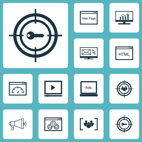 Set van 12 Marketing iconen. Kan worden gebruikt voor Web, mobiel, Ui en Infographic Design. Bevat elementen zoals Analytics, Target, Html en meer. - Vector, afbeelding