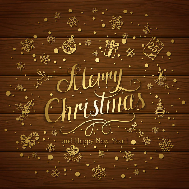 Decoraciones navideñas doradas sobre fondo de madera marrón
 - Vector, Imagen
