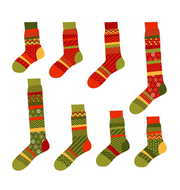Christmas striped socks in patchwork style. Xmas pattern vector  - Vector, Image