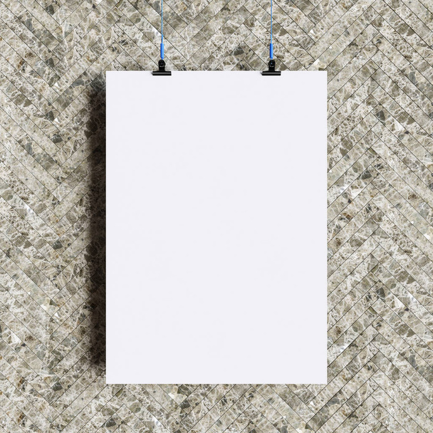 Modelo de cartaz em branco de papel pendurado sobre a parede. Ilustração 3D
 - Foto, Imagem