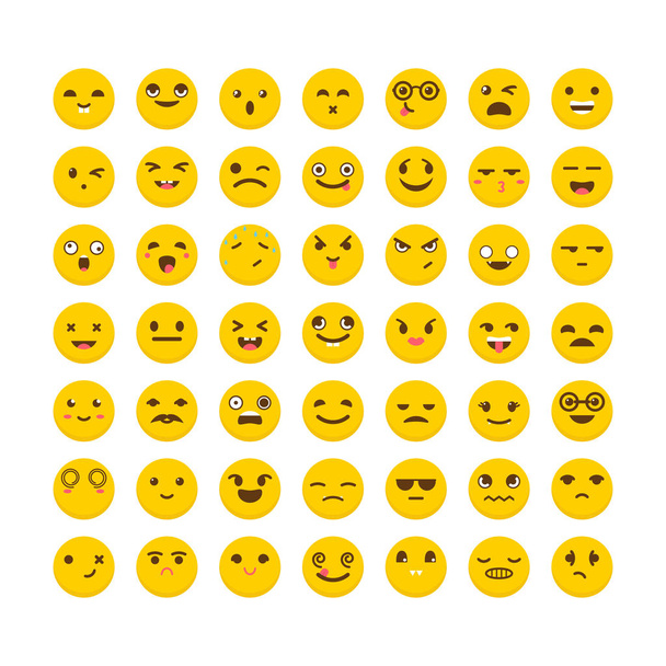 Σύνολο των emoticons. Αστείο καρτούν πρόσωπα. Εικονίδια emoji χαριτωμένο. Επίπεδη de - Διάνυσμα, εικόνα