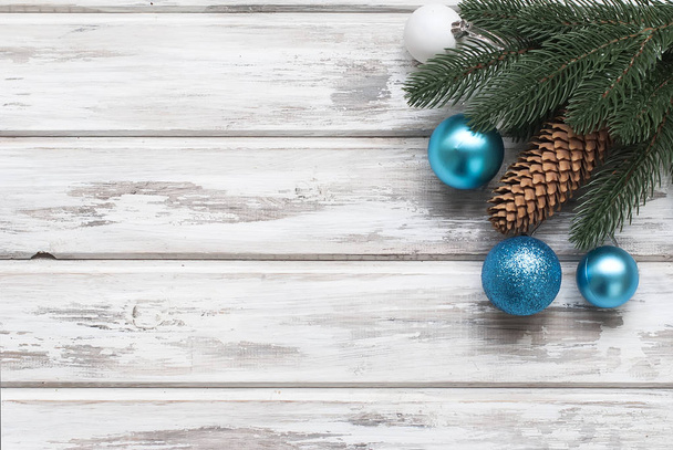 Christmas branches, balls, beads, cones,  Christmas background. - Foto, Imagem