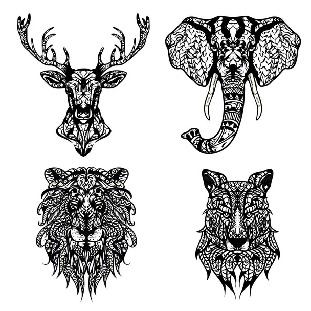 Набор узорчатых голов льва, оленя, волка и слона. Раскраска для взрослых. Черно-белое рисованное каракули животное. Африканский, индийский тотем / татуировка. Футболка, открытка, дизайн плаката
 - Вектор,изображение