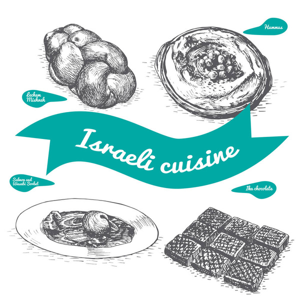 Ilustracja wektorowa monochromatyczne dania kuchni izraelskiej. - Wektor, obraz