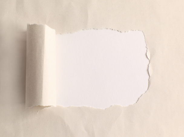 Brown package paper torn to reveal white panel ideal for copy space - Photo, image