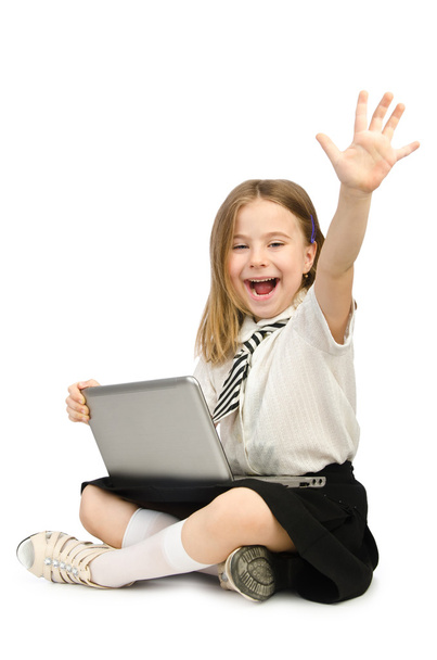 Cute girl with laptop on white - Фото, зображення
