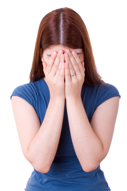 Femme pleurant isolée sur un fond blanc
 - Photo, image